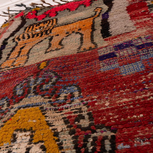 Vintage Moroccan Corridor Rug - Rare Tribal Animal Motif Runner with Lion & Camel - Handwoven Berber Red Wool Hallway Carpet