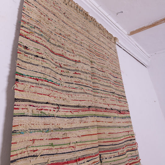 Vintage Moroccan Boucherouite Rug – Handwoven Striped Berber Carpet – Eco-Friendly Recycled Textile Rug – Bohemian & Rustic Home Decor