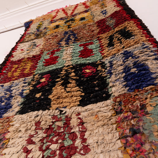 Vintage Moroccan Corridor Rug - Patchwork-Style Runner with Tribal Motifs & Figures - Handwoven Wool Berber Hallway Carpet