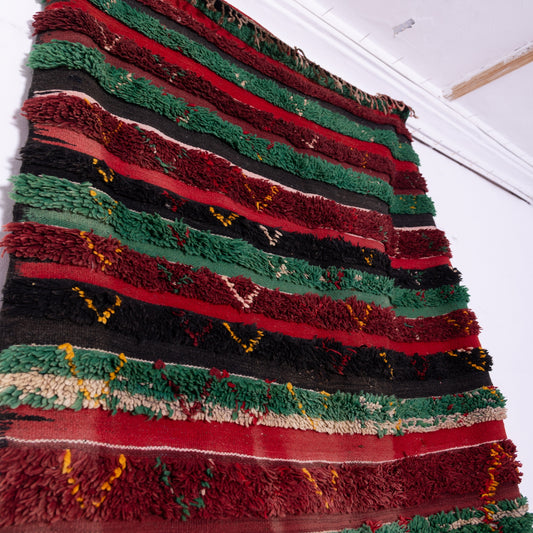 Vintage Moroccan Bjaad Rug – Handwoven Wool Berber Carpet with Rich Stripes & Tribal Embroidery – Authentic Boho Home Decor