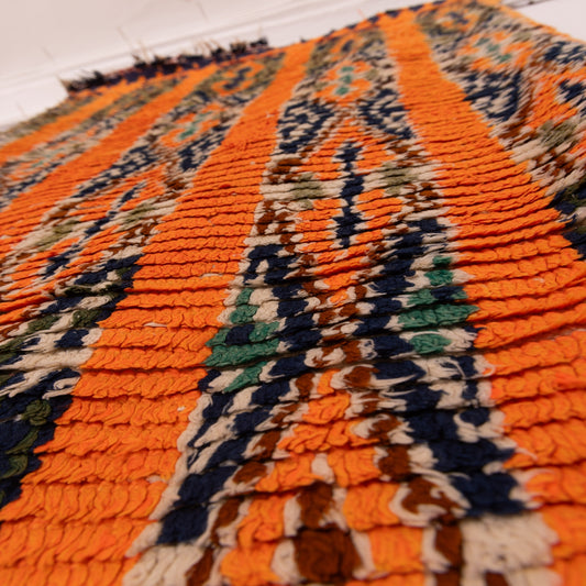 Vintage Moroccan Corridor Rug - Handwoven Orange Wool Runner with Vertical Tribal Band Design - Berber Hallway Carpet
