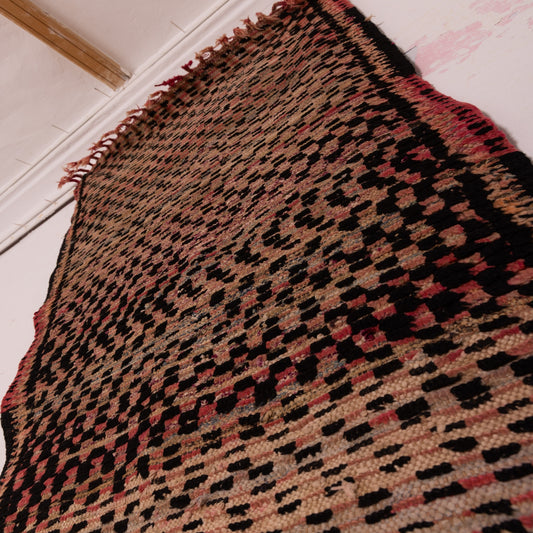 Vintage Moroccan Corridor Runner Rug - Handwoven Wool Carpet - Geometric Checkerboard Design