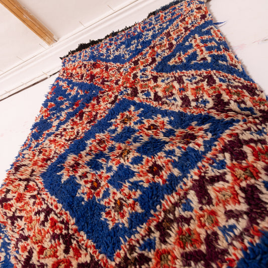 Vintage Moroccan Geometric Runner Rug - Bold Blue, Red & Cream Diamond Pattern - Handwoven Wool - 80% Wool 20% Cotton