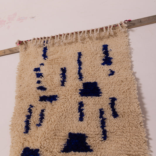 New Handmade Azilal Wool Rug - Bold Blue and Cream Tribal Design - Moroccan Accent for Wall or Floor