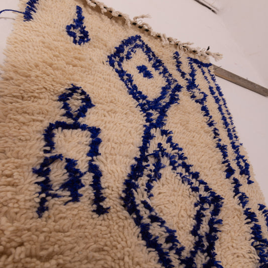 Small Azilal Wool Rug - Blue Geometric Moroccan Handmade Art - 80% Wool 20% Cotton - Mini Berber Wall or Floor Piece