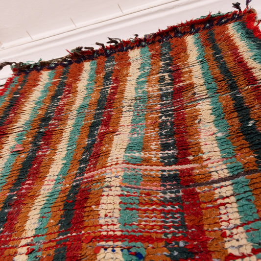 Vintage Moroccan Corridor Runner - Handwoven Striped Berber Rug - Earth Tones & Red Fringe