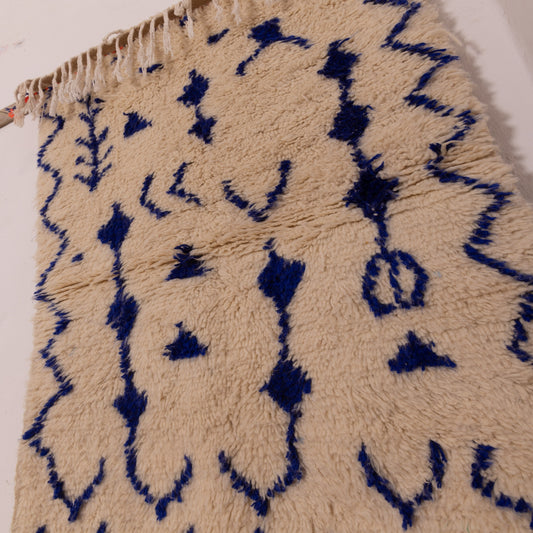 Blue Patterned Moroccan Azilal Rug - Handwoven Wool & Cotton Berber Wall Decor - Small Tribal Carpet