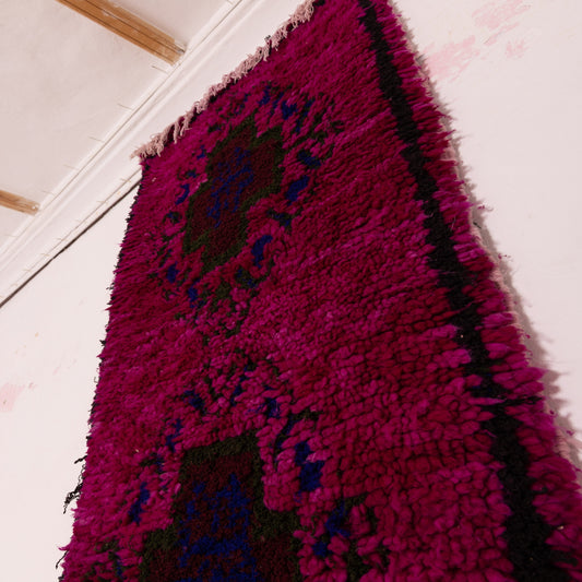 Vintage Moroccan Corridor Runner Rug - Handwoven Berber Wool Carpet - Magenta & Blue Tribal Cross Design