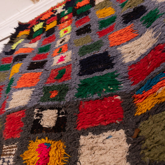Vintage Moroccan Corridor Rug - Handwoven Colorful Grid Runner - Abstract Berber Wool Rug