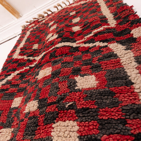 Vintage Moroccan Berber Runner Rug - 80% Wool Handwoven Corridor Carpet - Red & Black Boucherouite-Style Hallway Rug - Tribal Boho Decor