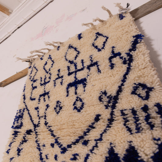 New Handmade Azilal Wool Rug - Tribal Symbols in Blue on Cream - Boho Moroccan Wall Art or Floor Decor