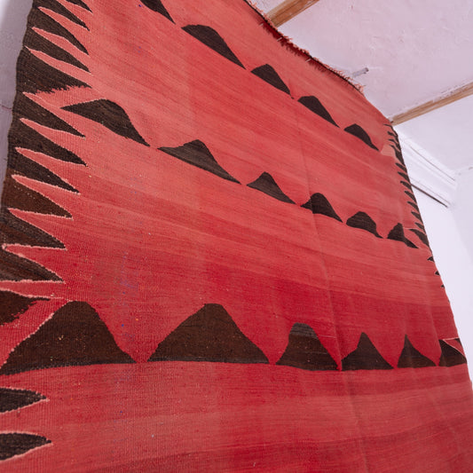 Vintage Moroccan Bjaad Rug – Handwoven Flatweave Kilim in Red & Black Tribal Design – Authentic Berber Wool Carpet
