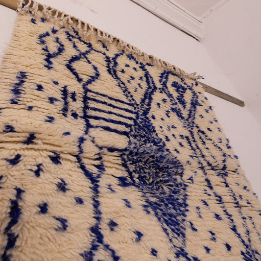 Modern Blue & Cream Azilal Rug - Geometric Tribal Art - Moroccan Handmade Wool & Cotton - Small Berber Wall or Floor Rug