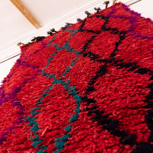 Vintage Moroccan Corridor Runner Rug - Handwoven Berber Wool Carpet - Bold Red, Blue & Green Diamond Design