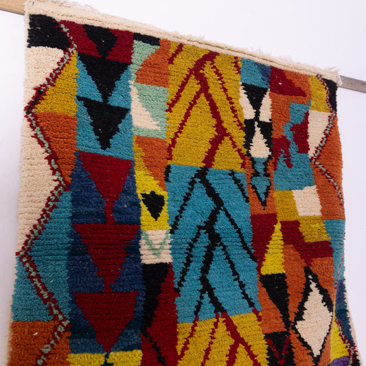 Vibrant Geometric Boujad Rug – New Moroccan Wool Rug – Tribal Patchwork in Yellow, Blue, Red & Black – Bold Boho Wall Tapestry or Accent