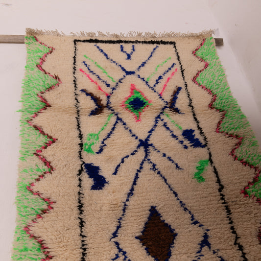Small Moroccan Azilal Rug - Handwoven Boho Wool Runner - 80% Wool 20% Cotton - Green Border Tribal Carpet