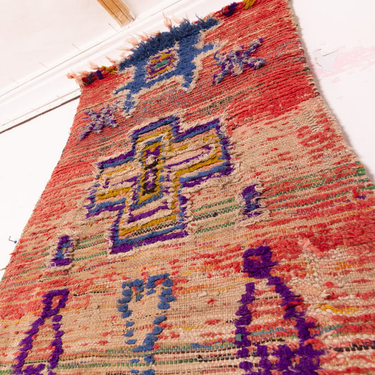 Vintage Moroccan Corridor Runner Rug - Handwoven Berber Wool Carpet - Bright Tribal Cross Design - 80% Wool 20% Cotton - Bold Red, Blue, and Yellow