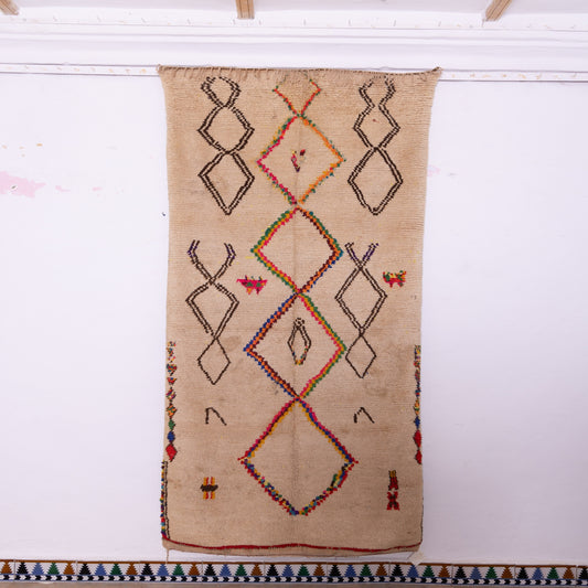 Vintage Azilal Moroccan Wool Rug - Minimalist Diamond Design with Colorful Berber Accents