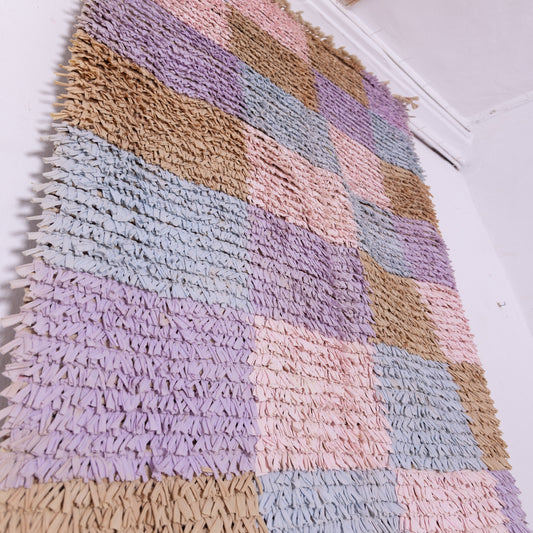 Vintage Moroccan Boucherouite Rug – Soft Pastel Checkerboard Berber Carpet – Handmade Shaggy Boho Rug