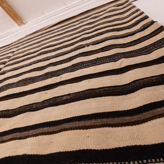 Vintage Moroccan Kilim Rug - Handwoven Berber Wool Rug - Black & Beige Striped Boho Decor