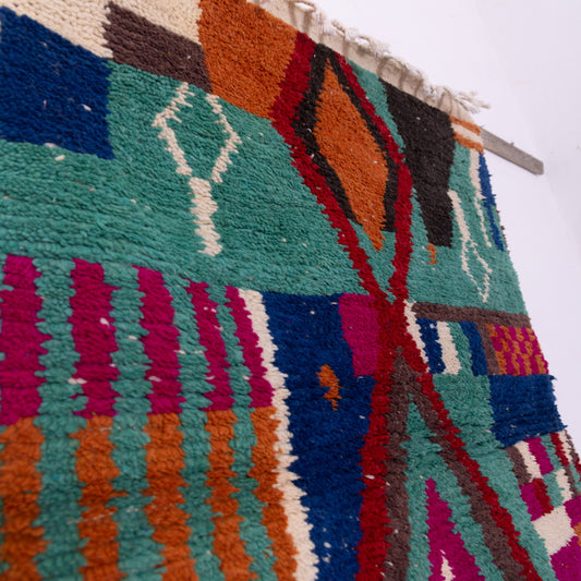 Colorful Diamond Boujad Rug – New Moroccan Wool Rug – Tribal Berber Wall Hanging – Emerald Green, Fuchsia & Orange Handmade Textile Art