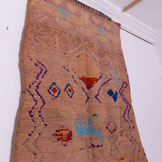 Vintage Bjaad Moroccan Rug - Authentic Berber Handwoven Wool Carpet - Tribal Symbols & Natural Tones - Boho & Bohemian Decor