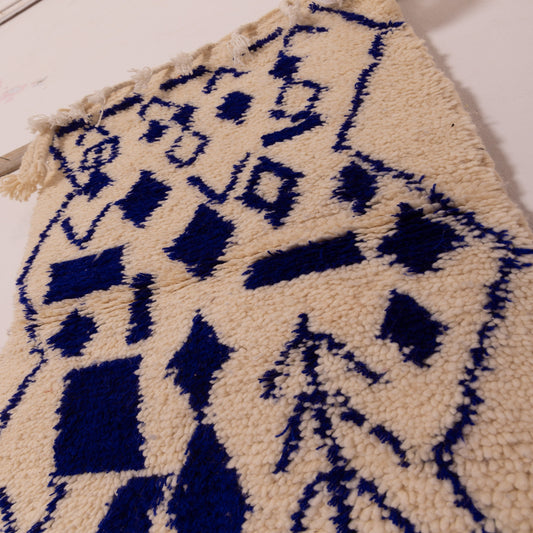 New Handmade Azilal Wool Rug - Blue Geometric Diamonds on Cream - Modern Moroccan Tribal Decor