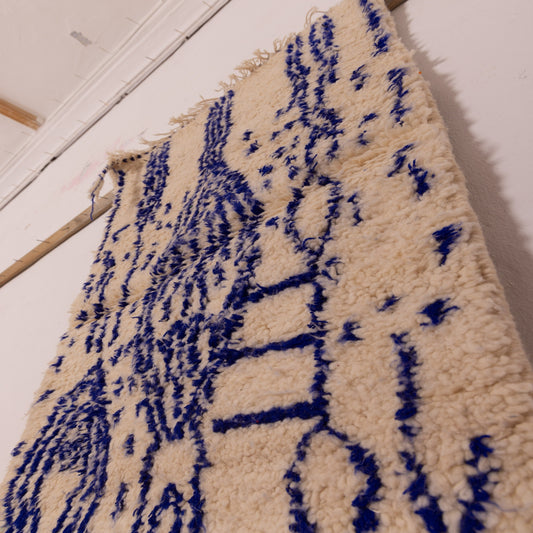 New Handmade Azilal Wool Rug - Abstract Blue Design on Cream - Contemporary Tribal Art for Floor or Wall