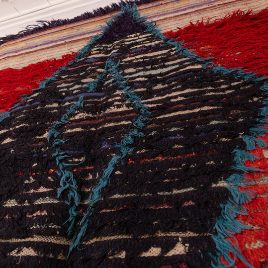 Vintage Moroccan Corridor Rug - Tribal Hallway Runner with Bold Central Diamond - Red & Indigo Handwoven Berber Rug
