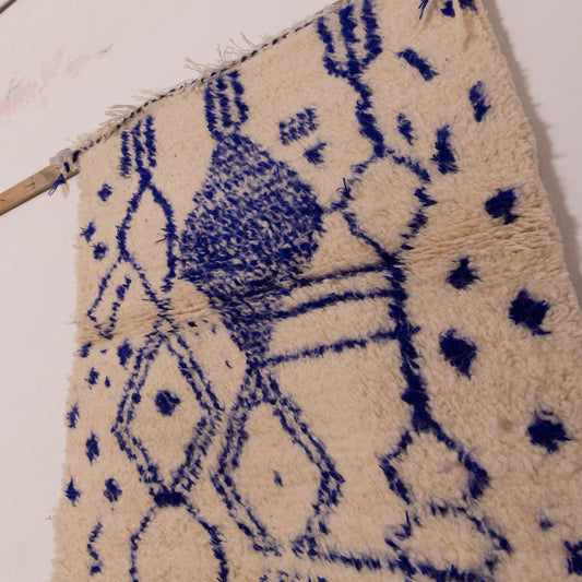New Handmade Azilal Wool Rug - Blue Tribal Design on Cream - Moroccan Boho Wall Art or Floor Decor