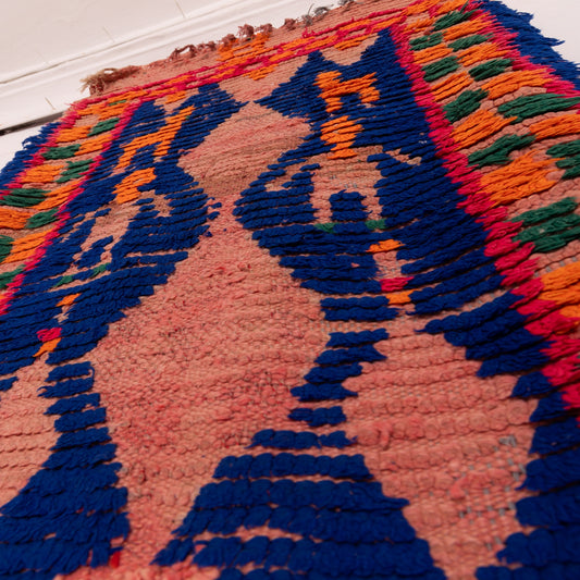 Vintage Moroccan Corridor Rug - Bold Wool Runner with Indigo Blue Diamond Motifs & Colorful Tribal Borders - Handmade Berber Hallway Carpet