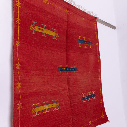 Handwoven Moroccan Akhnif Rug – Bold Red Berber Wool & Cotton Carpet with Symbolic Motifs