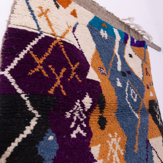 Symbolic Boujad Rug – New Moroccan Wool Rug – Amazigh Tribal Motifs in Ochre, Navy & Purple – Handwoven Berber Wall Hanging