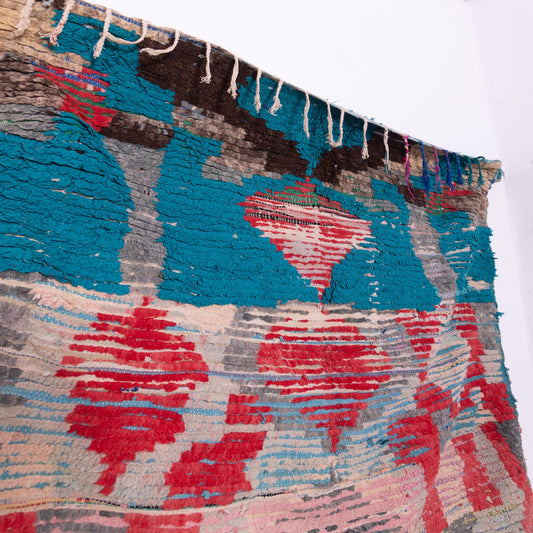 Vintage Moroccan Boucherouite Rug – Handwoven Berber Carpet with Turquoise & Red Abstract Patterns