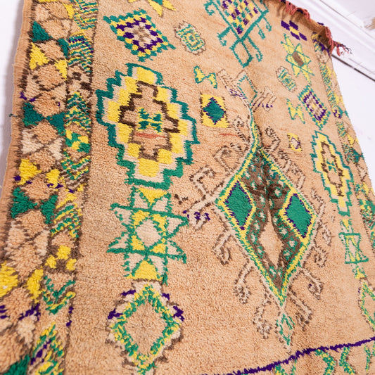 Vintage Bjaad Moroccan Rug – Handwoven Berber Carpet with Green & Yellow Tribal Motifs – Authentic Wool Home Decor