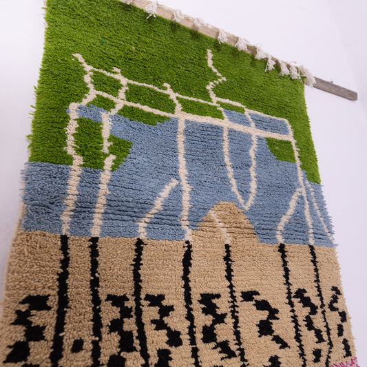 Handmade Boujad Moroccan Rug – Abstract Wool Berber Carpet – Unique Green & Pink Boho Rug – Geometric Wall Hanging – Moroccan Home Decor