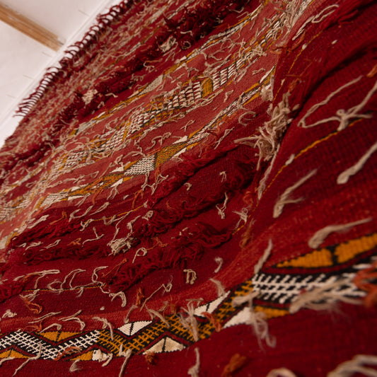Vintage Moroccan Red Wool Rug - Handmade Berber Carpet with Tribal Embroidery