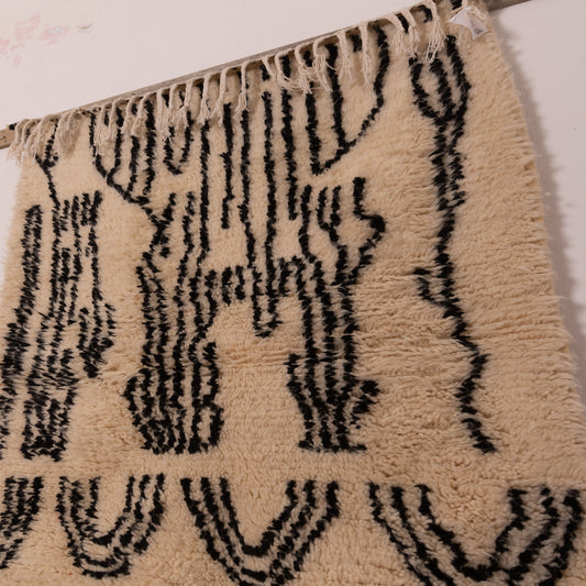 Minimalist Moroccan Azilal Rug - Handmade Wool Wall Hanging or Small Area Rug - Cream & Black Tribal Pattern