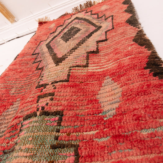 Vintage Moroccan Corridor Runner Rug - Tribal Diamond Wool Hallway Carpet - Red & Earth-Tone Boujad-Style Handwoven Rug - Berber Decor