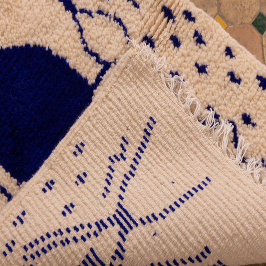 New Handmade Azilal Wool Rug - Blue Geometric Design on Cream - Modern Moroccan Tribal Decor
