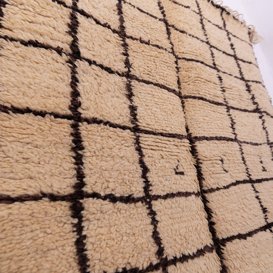 Minimalist Vintage Azilal Rug - Moroccan Handwoven Wool Grid Carpet - Neutral Cream & Brown Berber Style