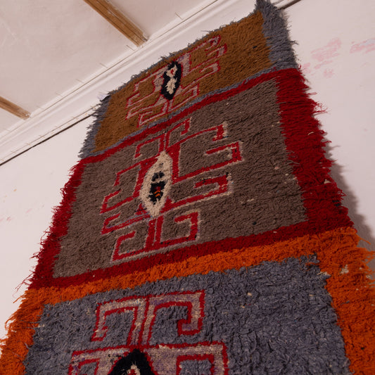 Vintage Moroccan Corridor Runner Rug - Handwoven Wool Carpet - Geometric Design in Red, Orange & Blue