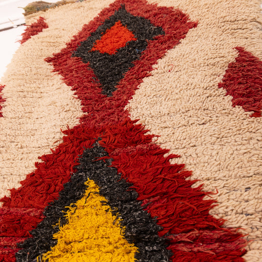 Vintage Moroccan Corridor Runner Rug - Handwoven Berber Wool Hallway Carpet - Tribal Diamond Rug in Beige, Red & Yellow - Boho Decor