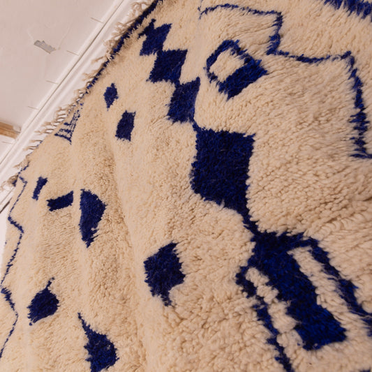 Small Blue Azilal Rug - Handmade Moroccan Wool & Cotton Berber Carpet - Geometric Boho Wall Hanging or Floor Mat
