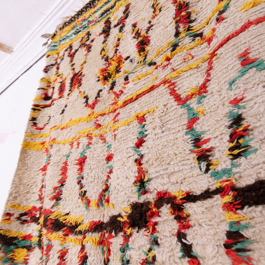 Vintage Azilal Rug - Handwoven Moroccan Wool Tapestry - Colorful Tribal Symbols - Authentic Berber Art