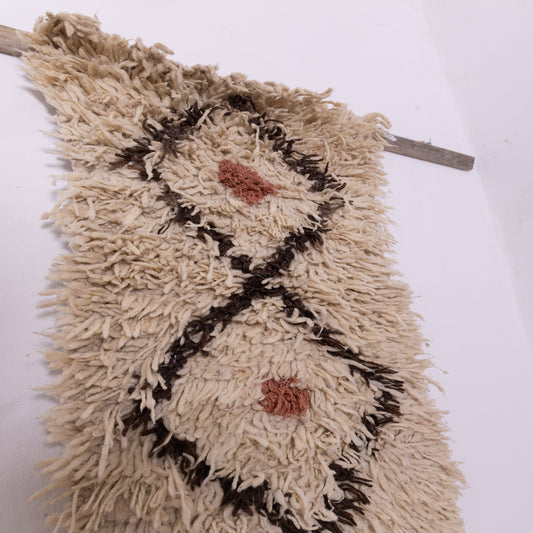 Mini Azilal Wool Rug - Cream Moroccan Berber Shag with Diamond Motif - Small Handmade Vintage Rug