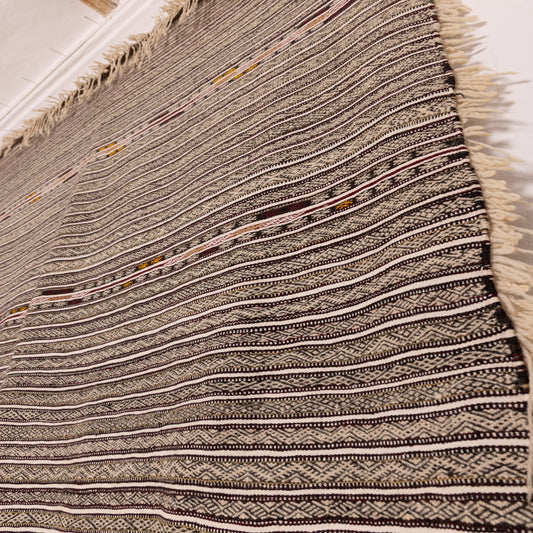 Vintage Moroccan Handira Wool Rug - Striped Berber Blanket - Handmade Boho Textile - Traditional Moroccan Décor