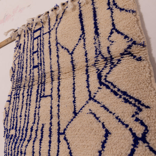 New Handmade Azilal Wool Rug - Geometric Lines in Blue - Modern Moroccan Tribal Design