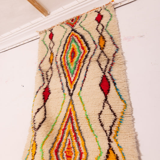 Handwoven Moroccan Wool Runner Rug - Geometric Diamond Pattern - Vibrant Red, Yellow, Green, and Orange - 80% Wool 20% Cotton