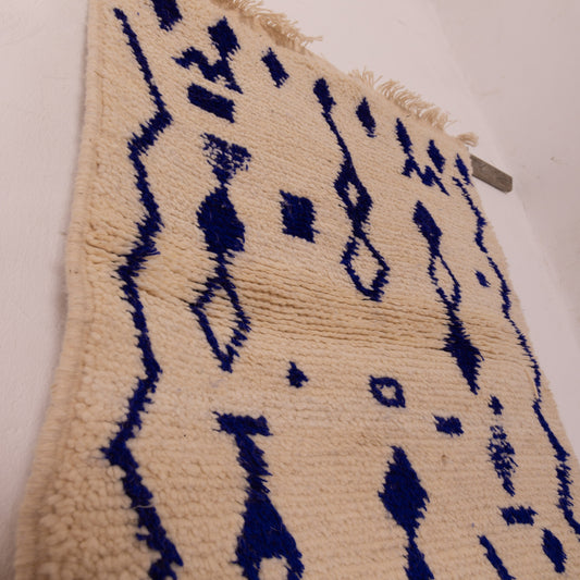 New Handmade Azilal Wool Rug - Bold Blue Tribal Pattern on Cream - Moroccan Floor or Wall Decor